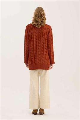 Örgü Motifli Hırka Kiremit