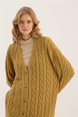 Örgü Motifli Hırka Zeytin Yeşili