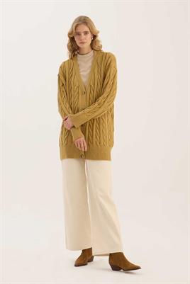 Örgü Motifli Hırka Zeytin Yeşili