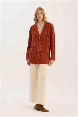 Örgü Motifli Hırka Kiremit