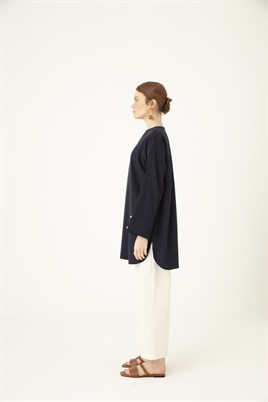 Oval Kesim Keten Bluz Lacivert