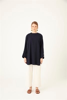 Oval Kesim Keten Bluz Lacivert