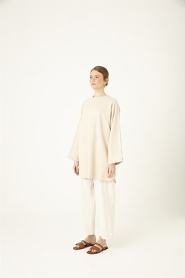 Oval Kesim Keten Bluz Bej