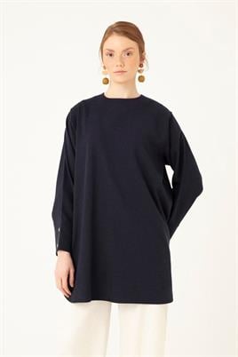 Oval Kesim Keten Bluz Lacivert