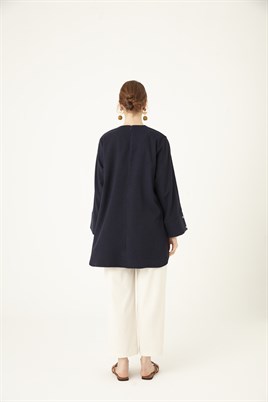 Oval Kesim Keten Bluz Lacivert