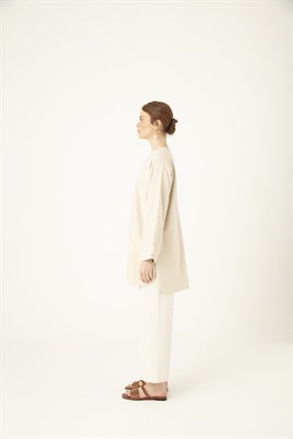 Oval Kesim Keten Bluz Bej