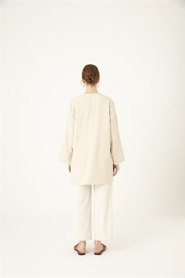 Oval Kesim Keten Bluz Bej