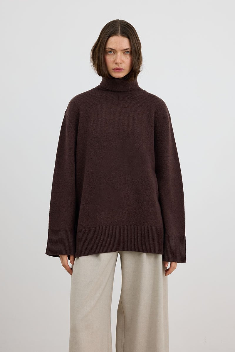Oversize Balıkçı Yaka Triko Tunik Acı kahve