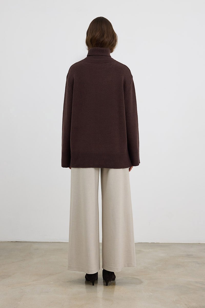 Oversize Balıkçı Yaka Triko Tunik Acı kahve