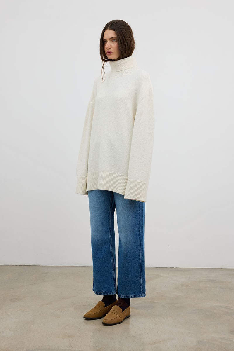 Oversize Balıkçı Yaka Triko Tunik Ekru