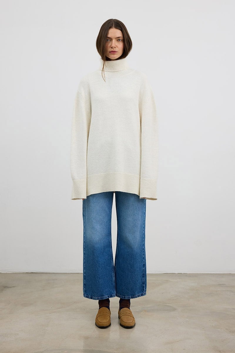 Oversize Balıkçı Yaka Triko Tunik Ekru
