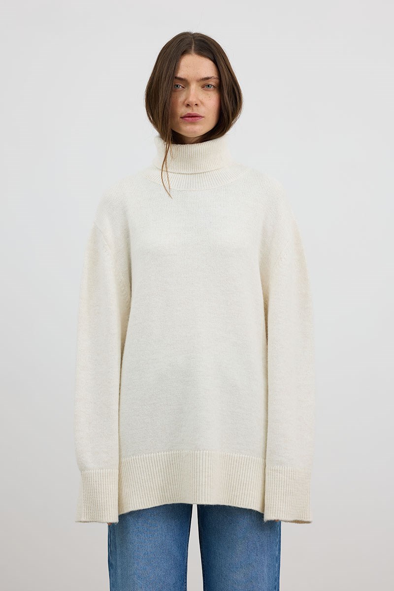 Oversize Balıkçı Yaka Triko Tunik Ekru