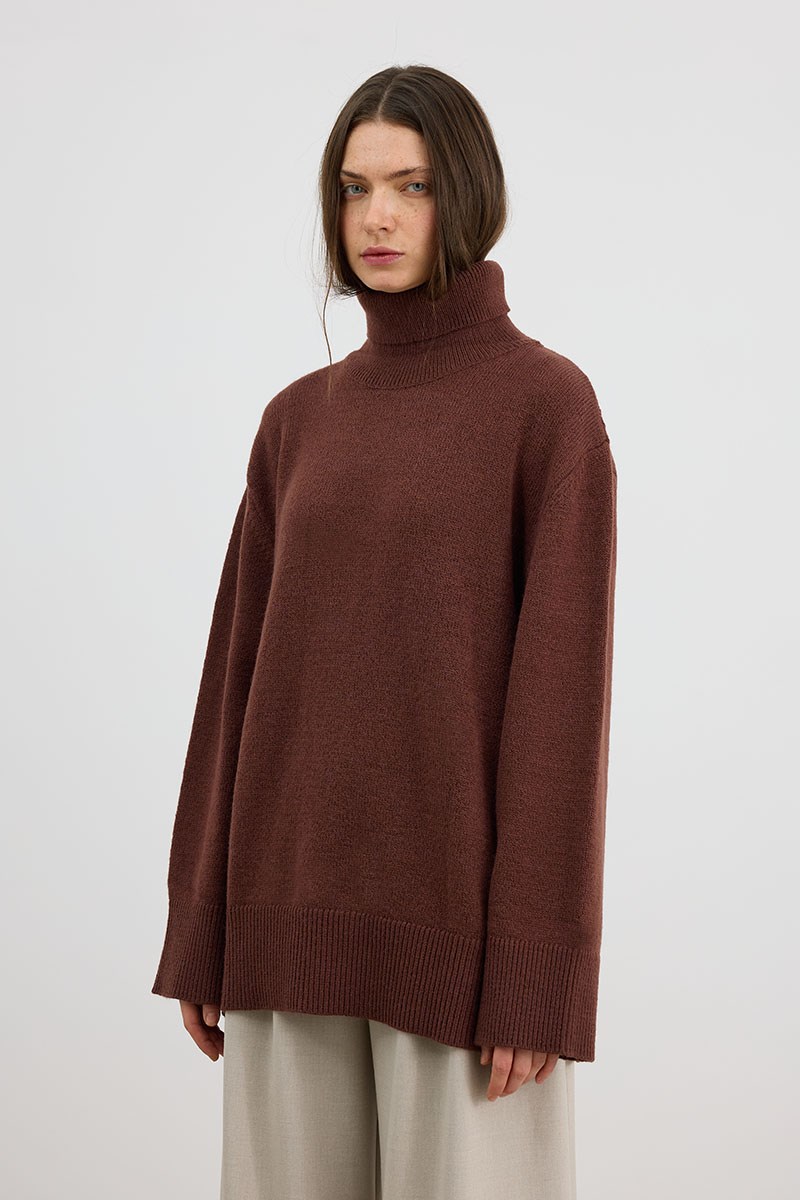 Oversize Balıkçı Yaka Triko Tunik Kızıl Kahve