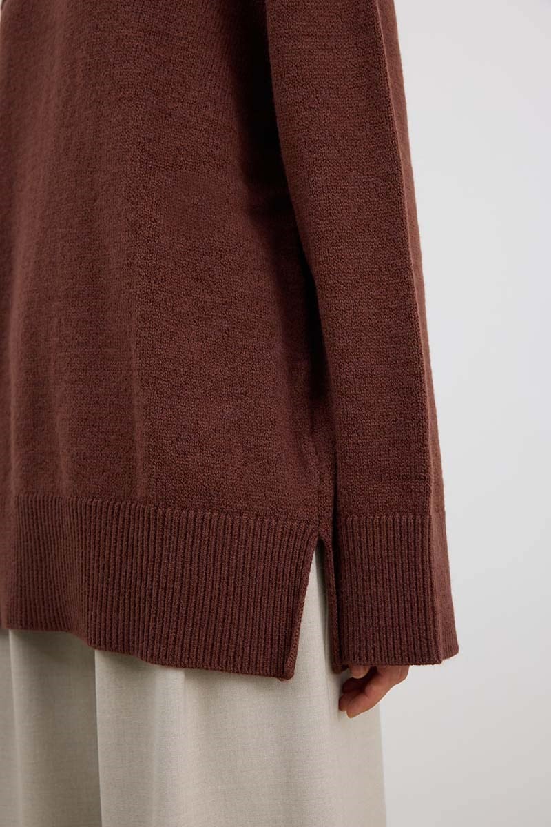 Oversize Balıkçı Yaka Triko Tunik Kızıl Kahve