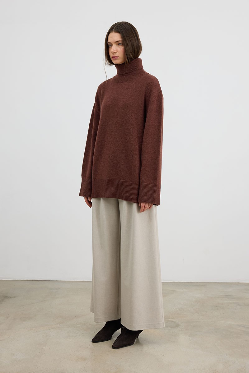 Oversize Balıkçı Yaka Triko Tunik Kızıl Kahve