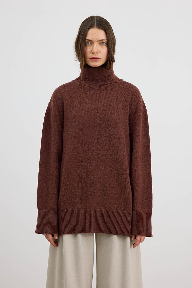 Oversize Balıkçı Yaka Triko Tunik Kızıl Kahve