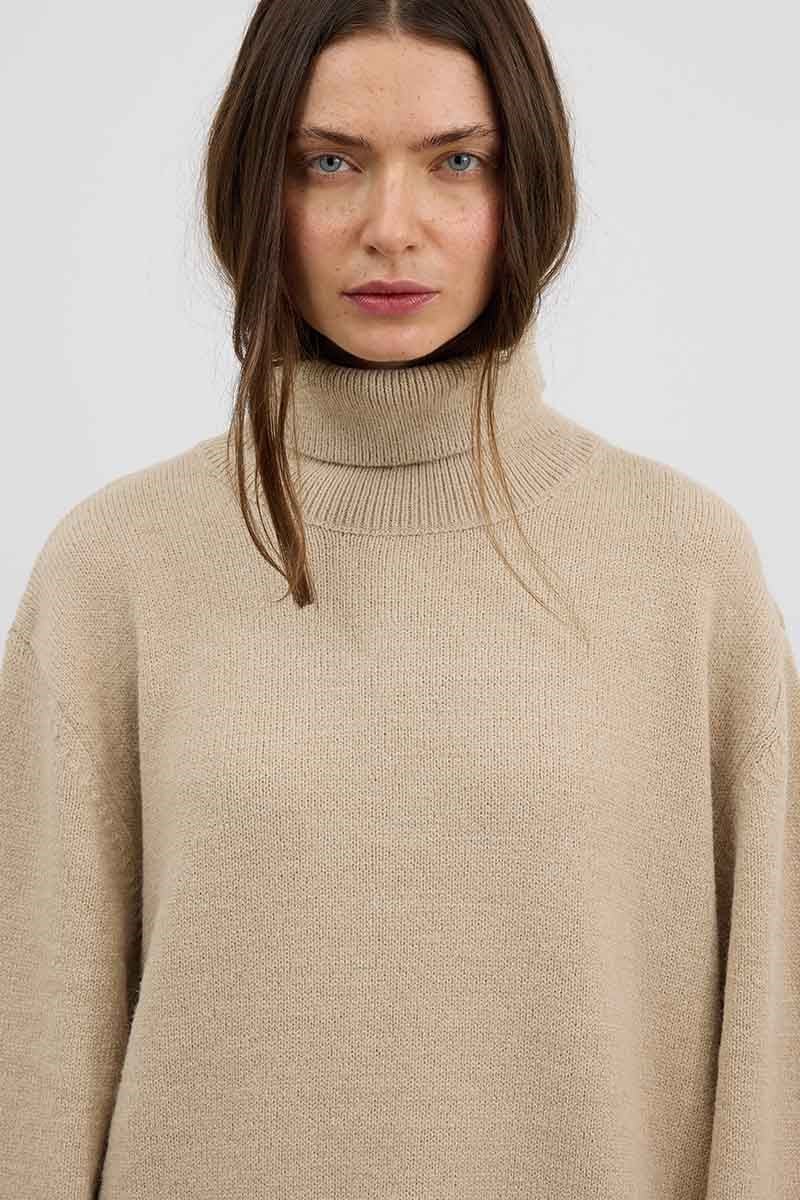 Oversize Balıkçı Yaka Triko Tunik Krem