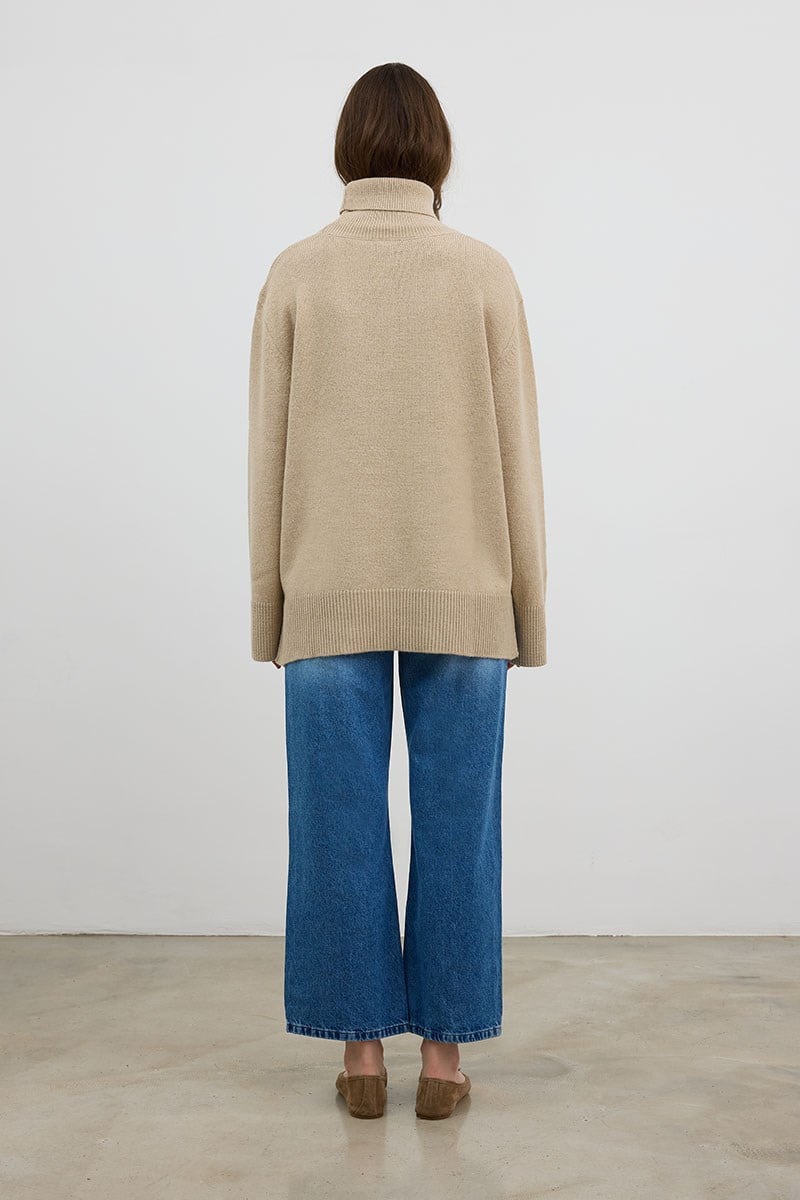 Oversize Balıkçı Yaka Triko Tunik Krem