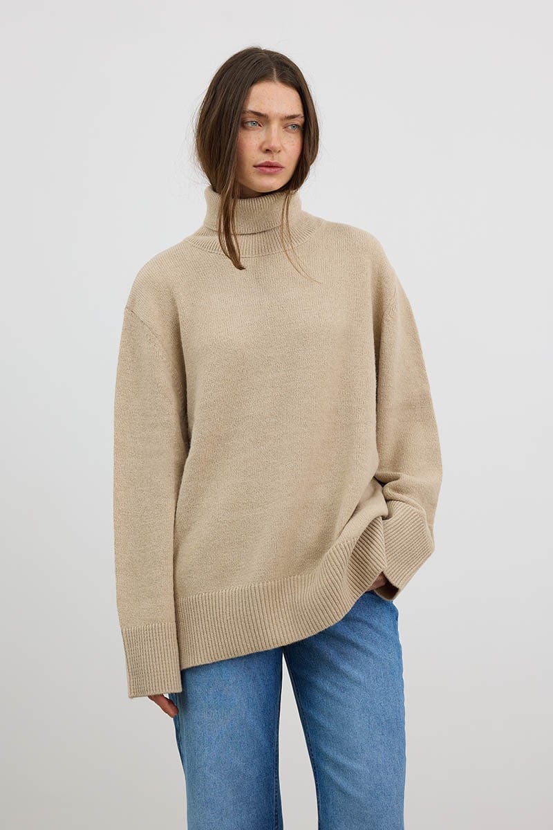 Oversize Balıkçı Yaka Triko Tunik Krem