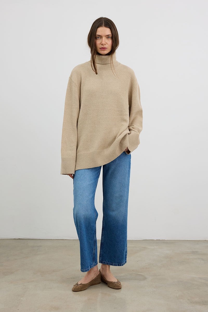 Oversize Balıkçı Yaka Triko Tunik Krem