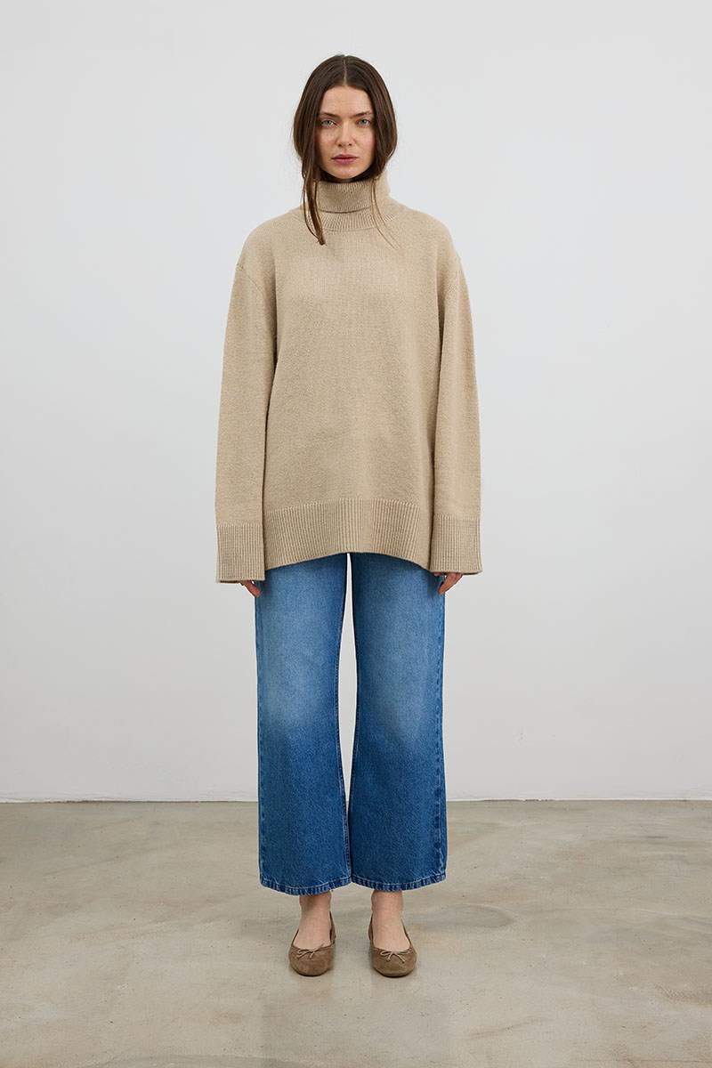 Oversize Balıkçı Yaka Triko Tunik Krem