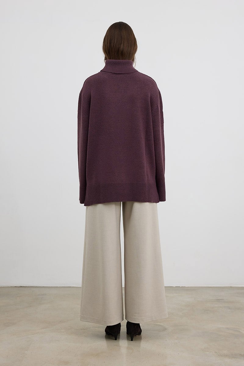 Oversize Balıkçı Yaka Triko Tunik Mürdüm