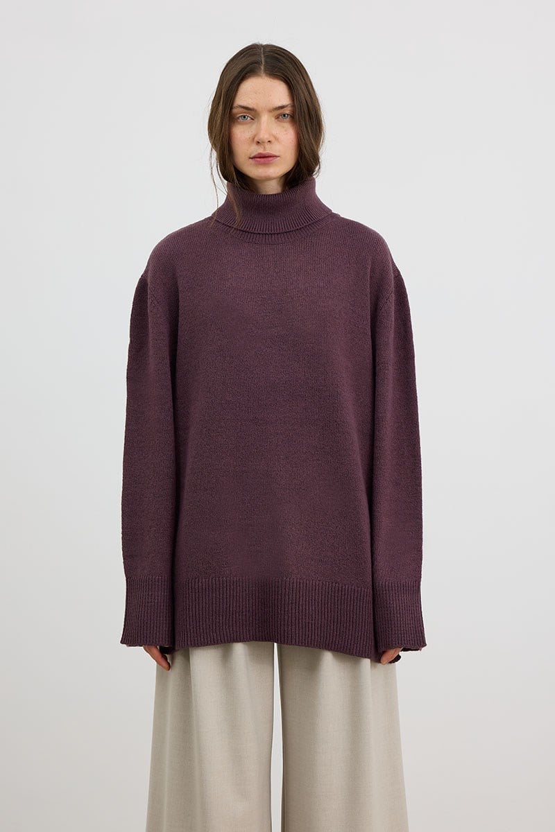 Oversize Balıkçı Yaka Triko Tunik Mürdüm