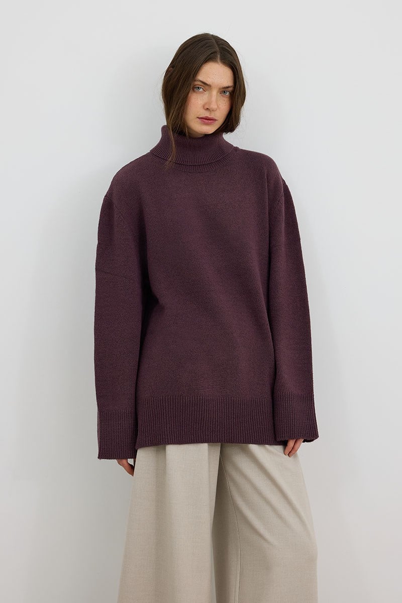 Oversize Balıkçı Yaka Triko Tunik Mürdüm