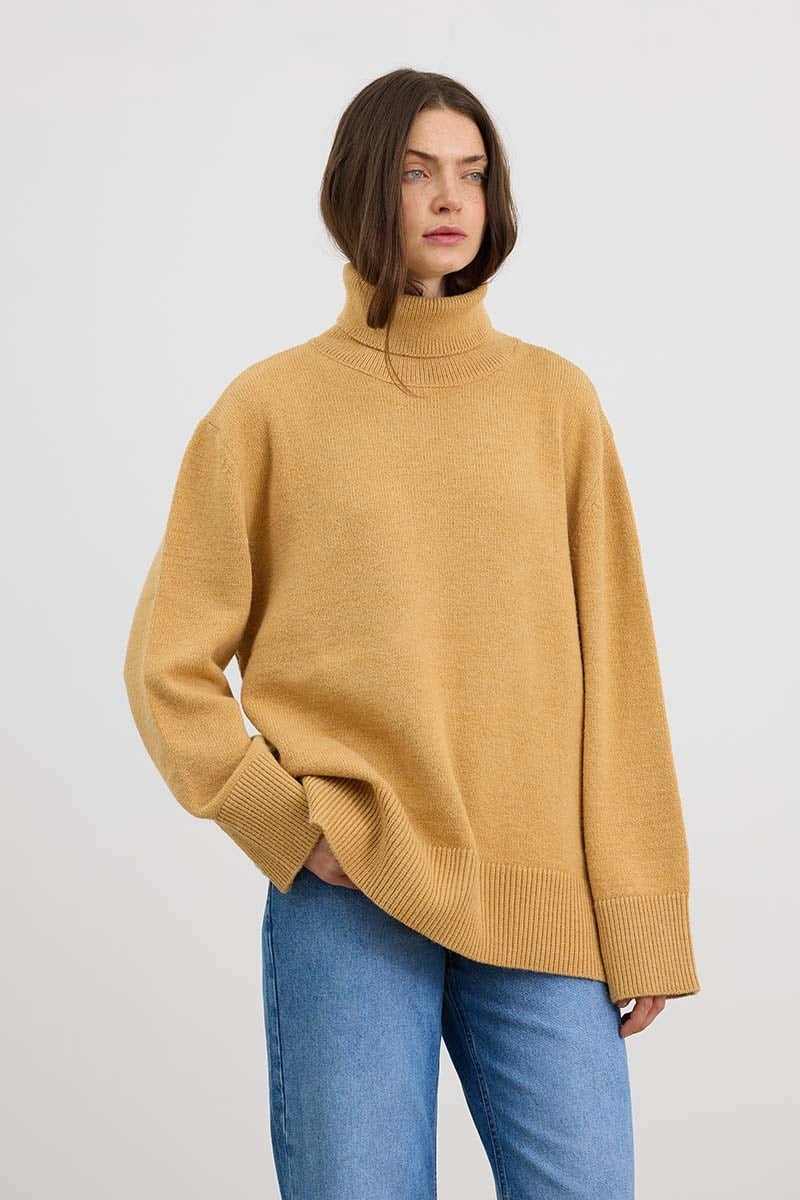 Oversize Balıkçı Yaka Triko Tunik Soft Sarı