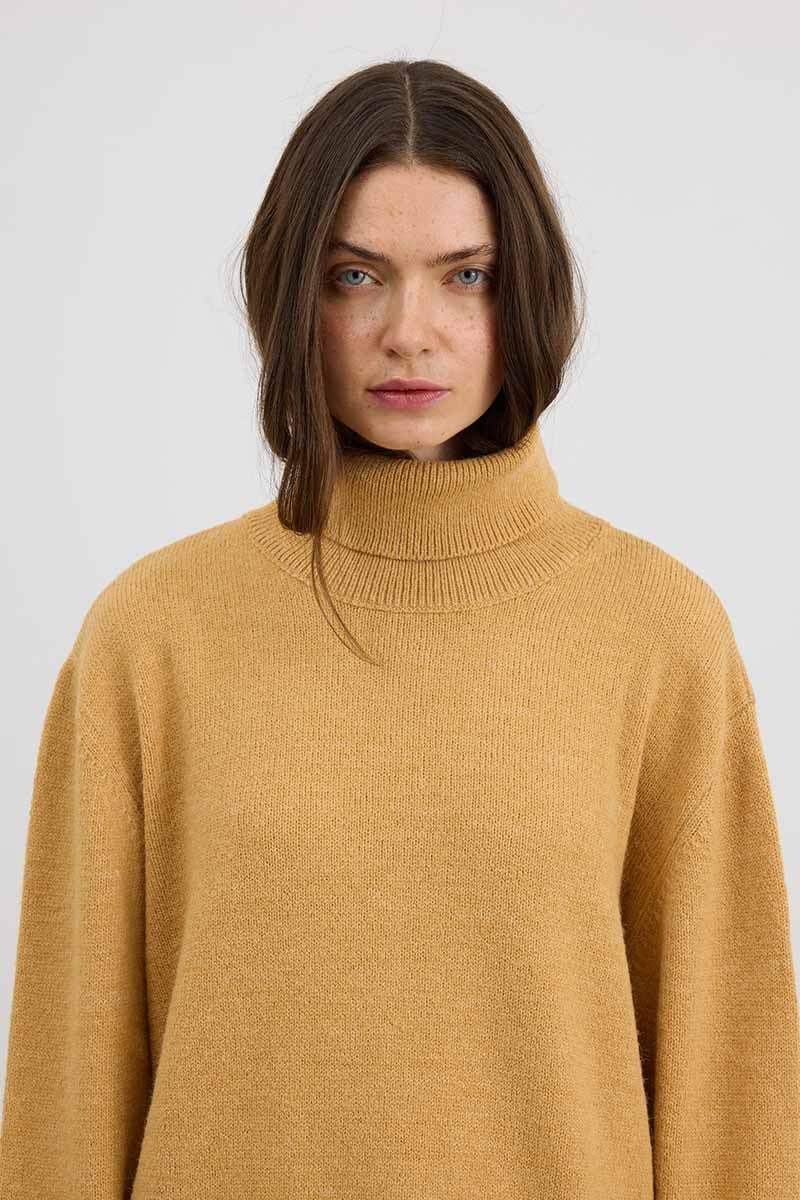 Oversize Balıkçı Yaka Triko Tunik Soft Sarı