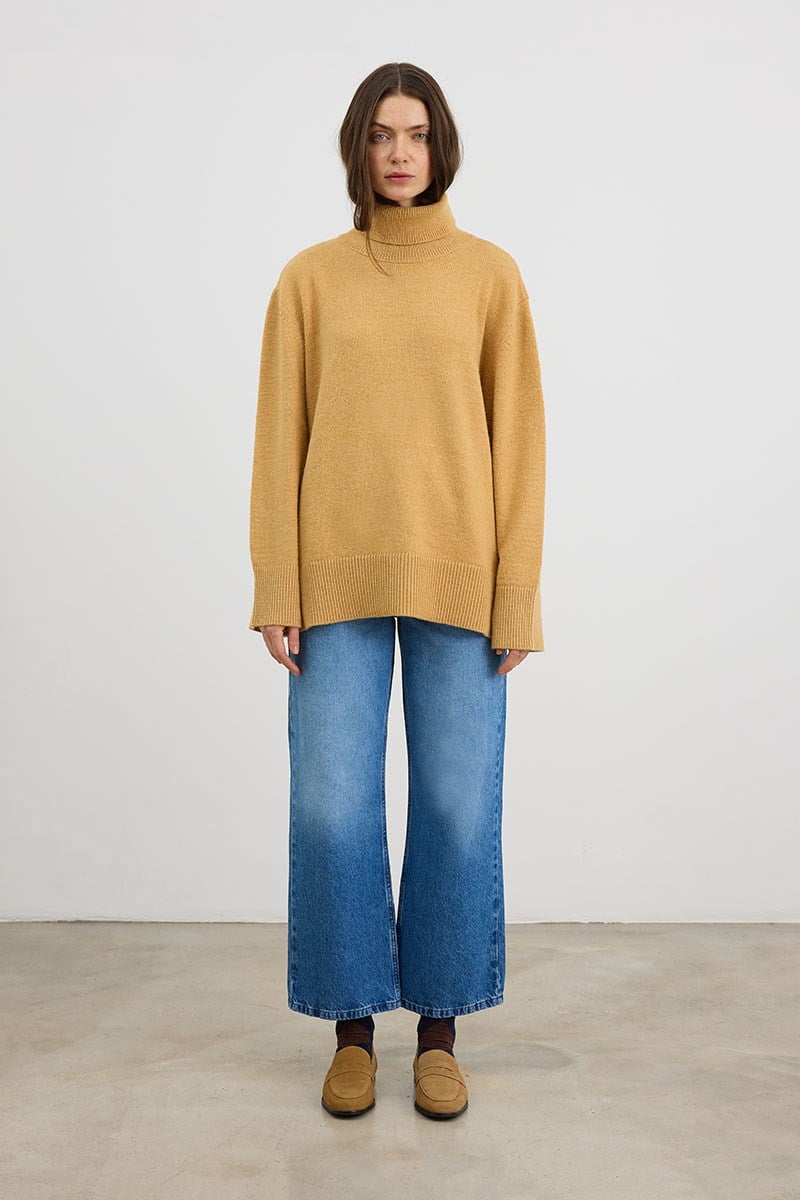 Oversize Balıkçı Yaka Triko Tunik Soft Sarı