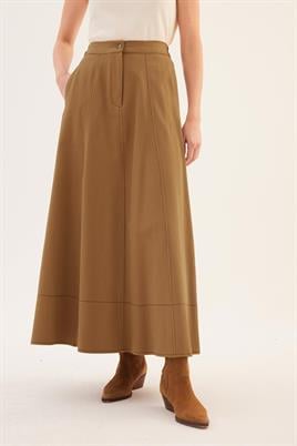 Parçalı Kanvas Etek Koyu camel