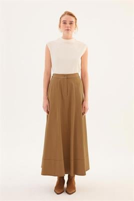 Parçalı Kanvas Etek Koyu camel