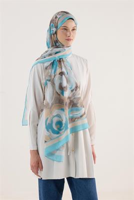 Pastel Çiçek Desenli Şal Bej-Mavi
