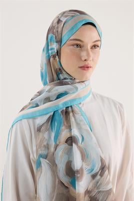 Pastel Çiçek Desenli Şal Bej-Mavi