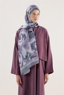Pastel Çiçek Desenli Şal Gri-Lila