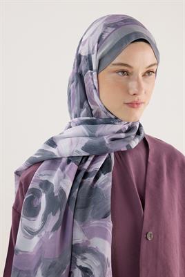 Pastel Çiçek Desenli Şal Gri-Lila