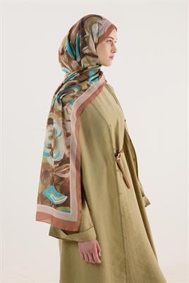 Pastel Çiçek Desenli Şal Kahve-Pudra