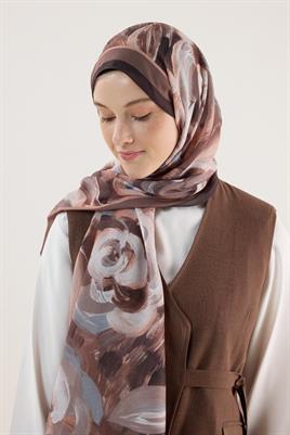 Pastel Çiçek Desenli Şal Kahve-Turuncu