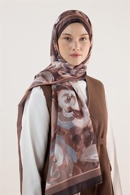 Pastel Çiçek Desenli Şal Kahve-Turuncu