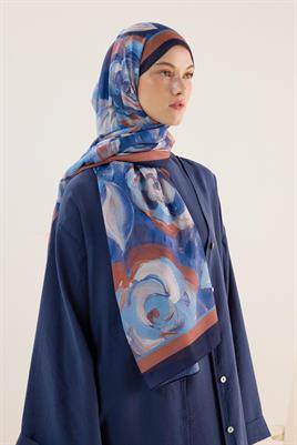 Pastel Çiçek Desenli Şal Lacivert-Kahve