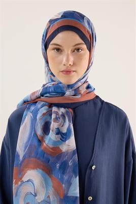 Pastel Çiçek Desenli Şal Lacivert-Kahve