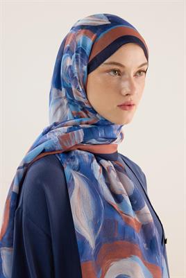 Pastel Çiçek Desenli Şal Lacivert-Kahve