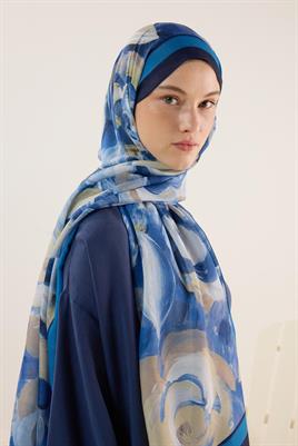 Pastel Çiçek Desenli Şal Lacivert-Mavi