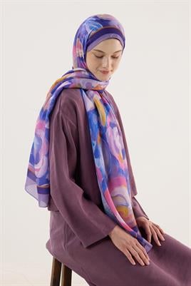Pastel Çiçek Desenli Şal Lila