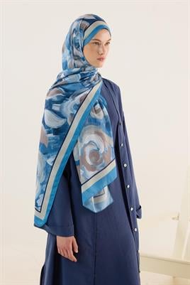 Pastel Çiçek Desenli Şal Mavi-Krem