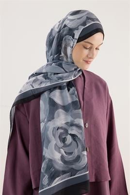 Pastel Çiçek Desenli Şal Siyah-Antrasit