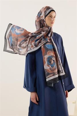 Pastel Çiçek Desenli Şal Siyah-Bej