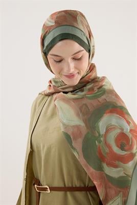 Pastel Çiçek Desenli Şal Yeşil