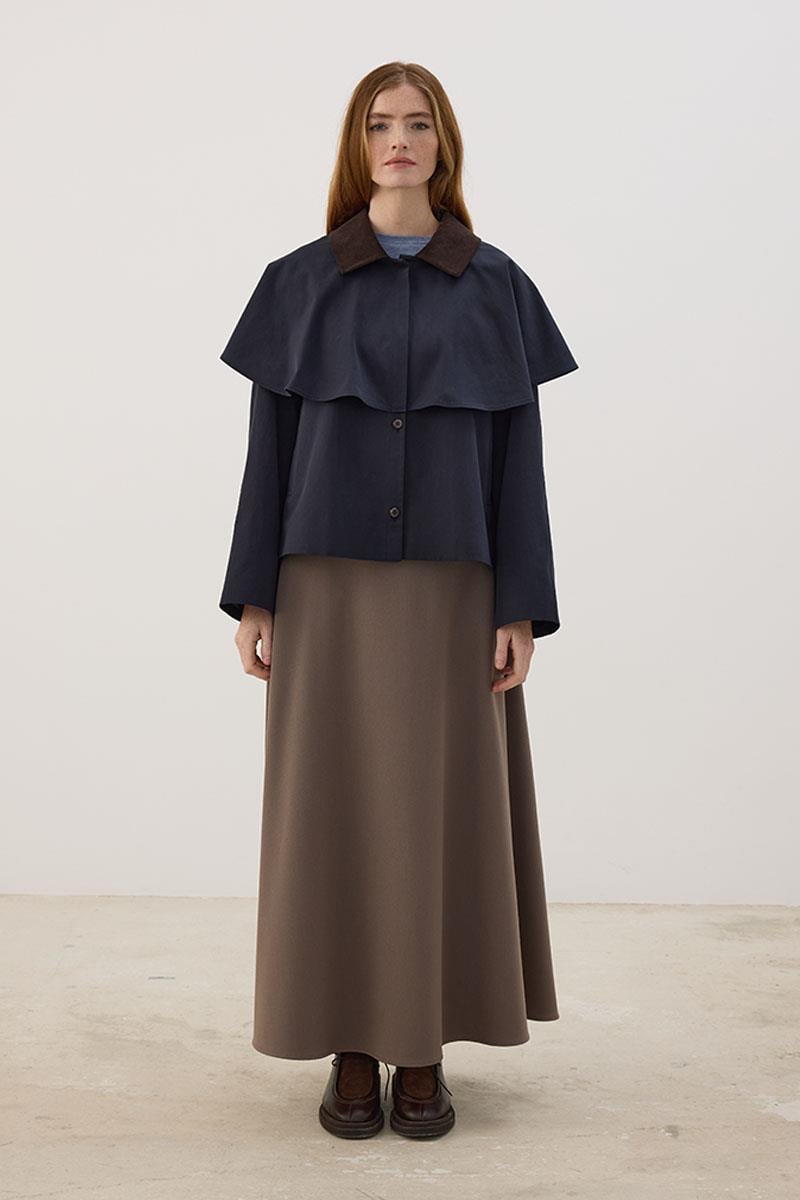 Pelerin Detaylı Kısa Trençkot Lacivert